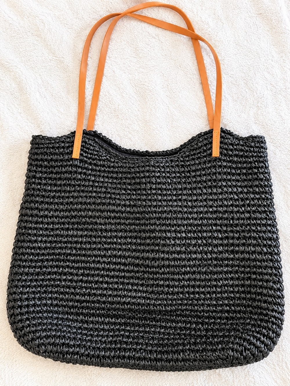 Black Woven Tote Bag Tan Straps Studio Collection Shoulder Bag - Picture 2 of 3